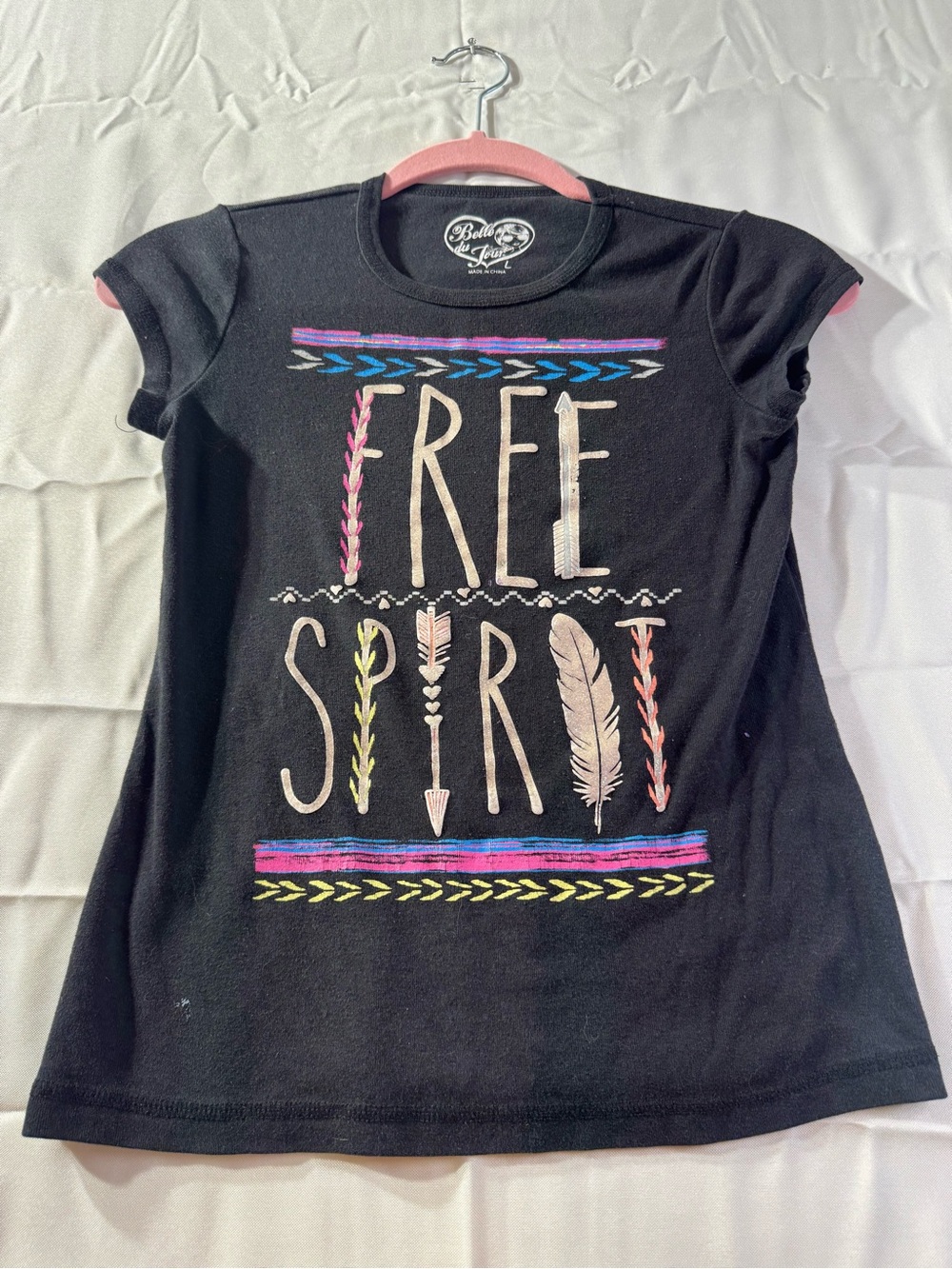 Belle Du Jour Large Black 'Free Spirit' Graphic Tee with Multicolor Accents